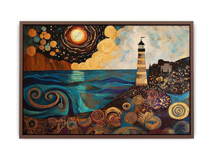 Surreal coastal lighthouse canvas art with moon, ocean waves, and harbor village for living room decor.