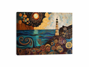 Surreal coastal lighthouse canvas art with moon, ocean waves, and harbor village for living room decor.