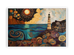 Surreal coastal lighthouse canvas art with moon, ocean waves, and harbor village for living room decor.