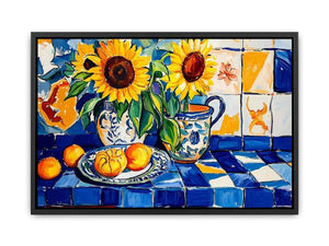 Sunflower and lemon still life canvas art with blue tiles for kitchen decor.
