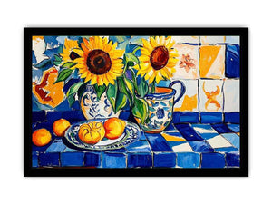 Sunflower and lemon still life canvas art with blue tiles for kitchen decor.