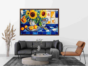 Sunflower and lemon still life canvas art with blue tiles for kitchen decor.