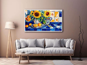 Sunflower and lemon still life canvas art with blue tiles for kitchen decor.