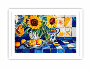 Sunflower and lemon still life canvas art with blue tiles for kitchen decor.
