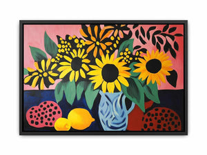Bold sunflower still life canvas art for colourful living room decor.