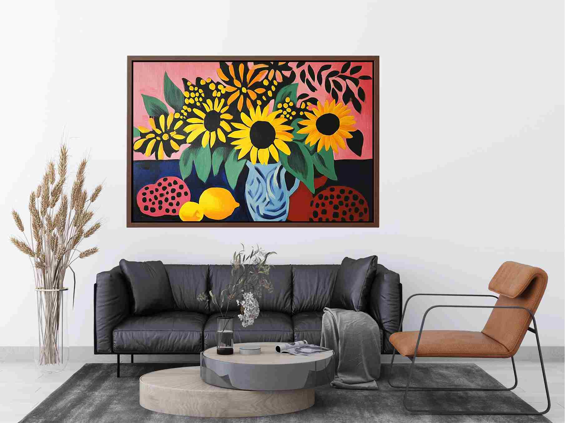 Bold sunflower still life canvas art for colourful living room decor.