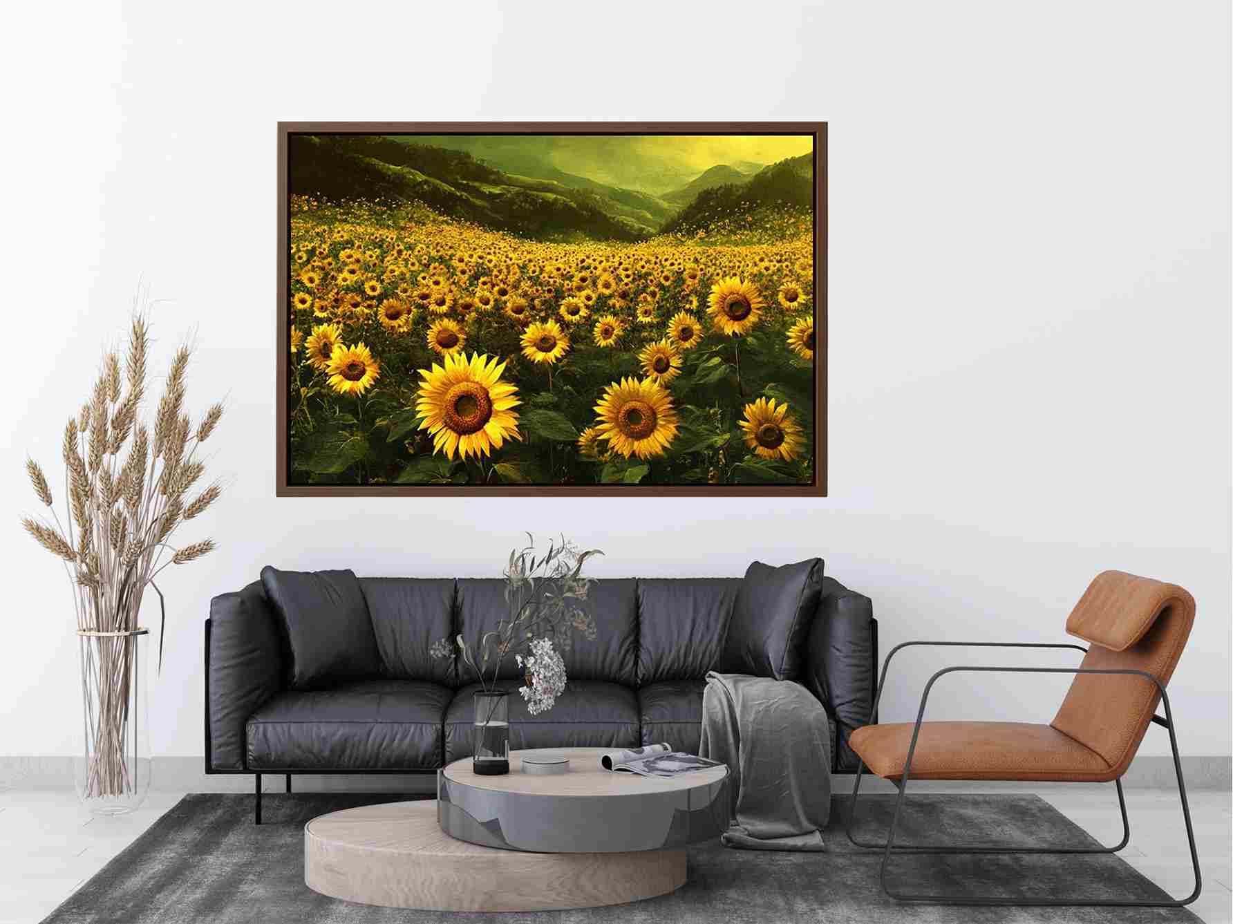 sunflower valley landscape canvas art for a calm modern living room.