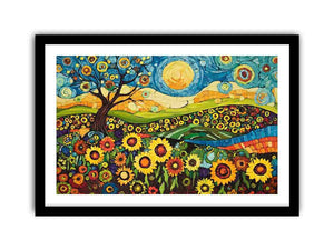 Whimsical sunflower meadow canvas art with tree and blue sky for creative decor.