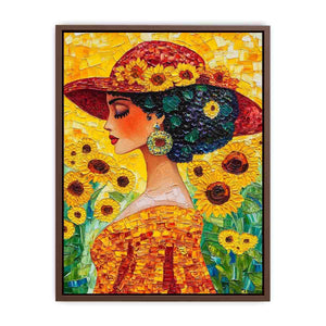 Elegant woman portrait canvas art with sunflowers and red hat for bedroom decor.
