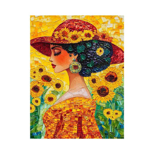 Elegant woman portrait canvas art with sunflowers and red hat for bedroom decor.