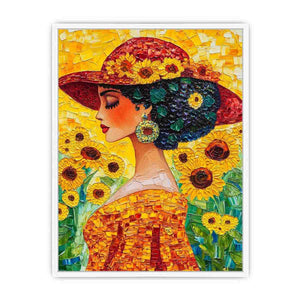 Elegant woman portrait canvas art with sunflowers and red hat for bedroom decor.