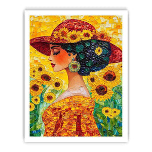 Elegant woman portrait canvas art with sunflowers and red hat for bedroom decor.