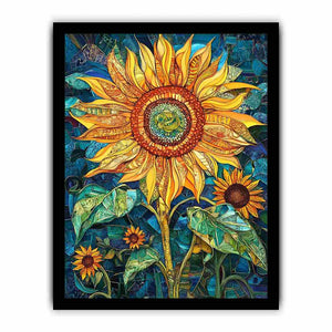 Large sunflower mosaic canvas art in yellow and teal for modern room decor.