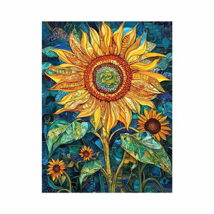 Large sunflower mosaic canvas art in yellow and teal for modern room decor.
