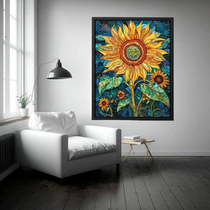Large sunflower mosaic canvas art in yellow and teal for modern room decor.