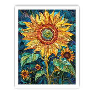 Large sunflower mosaic canvas art in yellow and teal for modern room decor.