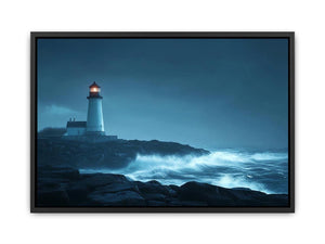 Moody lighthouse canvas art with ocean waves for coastal living room decor.