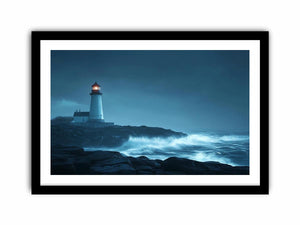 Moody lighthouse canvas art with ocean waves for coastal living room decor.