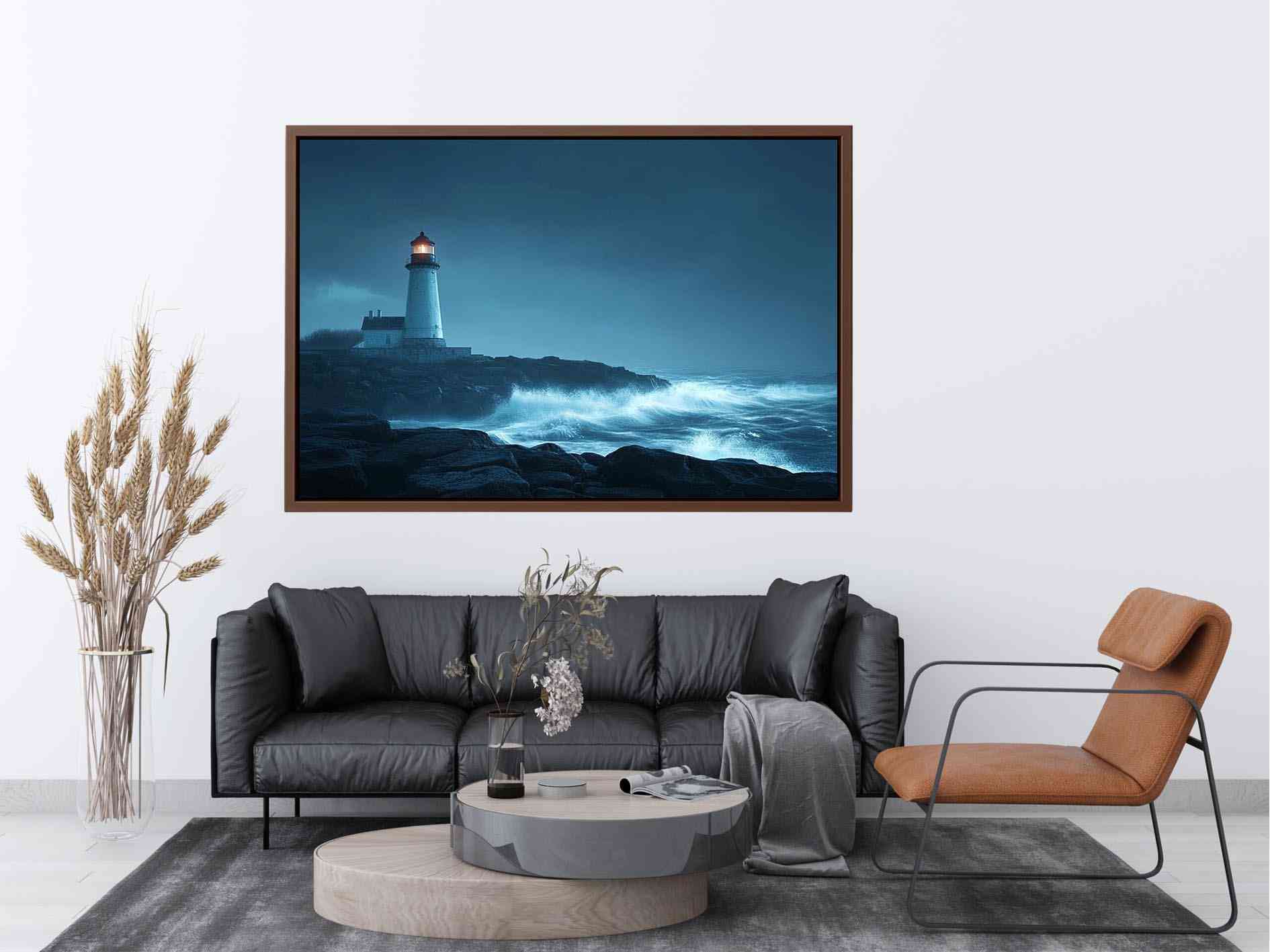 Moody lighthouse canvas art with ocean waves for coastal living room decor.