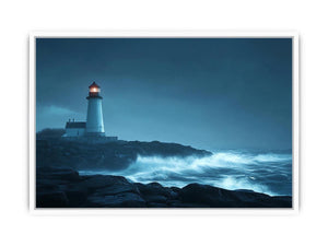 Moody lighthouse canvas art with ocean waves for coastal living room decor.