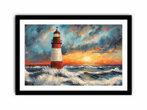Coastal lighthouse canvas art with crashing ocean waves and sunset sky for modern living room decor.