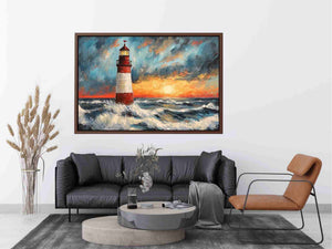Coastal lighthouse canvas art with crashing ocean waves and sunset sky for modern living room decor.