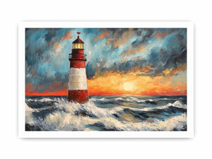 Coastal lighthouse canvas art with crashing ocean waves and sunset sky for modern living room decor.