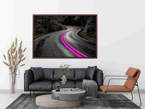 Dark forest road canvas art with neon pink lines for modern office decor.