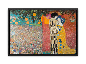 Romantic couple kiss canvas art with gold tones for elegant bedroom decor.