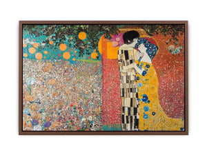 Romantic couple kiss canvas art with gold tones for elegant bedroom decor.