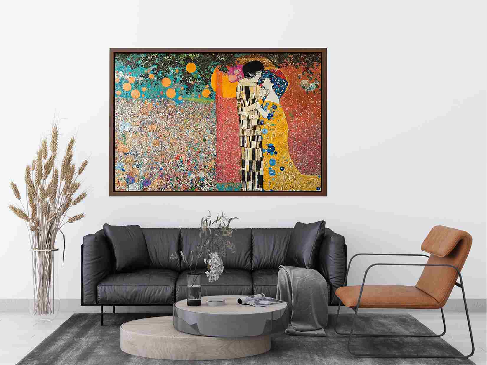 Romantic couple kiss canvas art with gold tones for elegant bedroom decor.