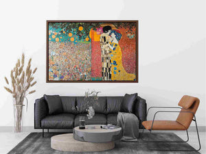 Romantic couple kiss canvas art with gold tones for elegant bedroom decor.