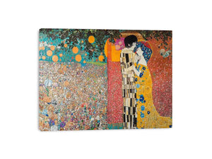 Romantic couple kiss canvas art with gold tones for elegant bedroom decor.