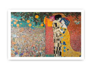 Romantic couple kiss canvas art with gold tones for elegant bedroom decor.