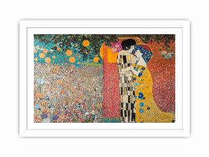Romantic couple kiss canvas art with gold tones for elegant bedroom decor.