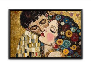 Elegant romantic kiss canvas art with gold and patterned details for bedroom decor.