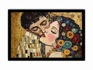 Elegant romantic kiss canvas art with gold and patterned details for bedroom decor.