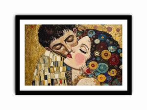 Elegant romantic kiss canvas art with gold and patterned details for bedroom decor.