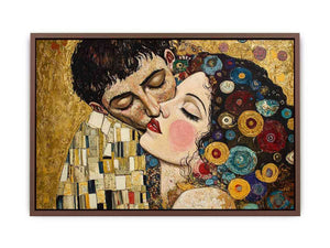 Elegant romantic kiss canvas art with gold and patterned details for bedroom decor.