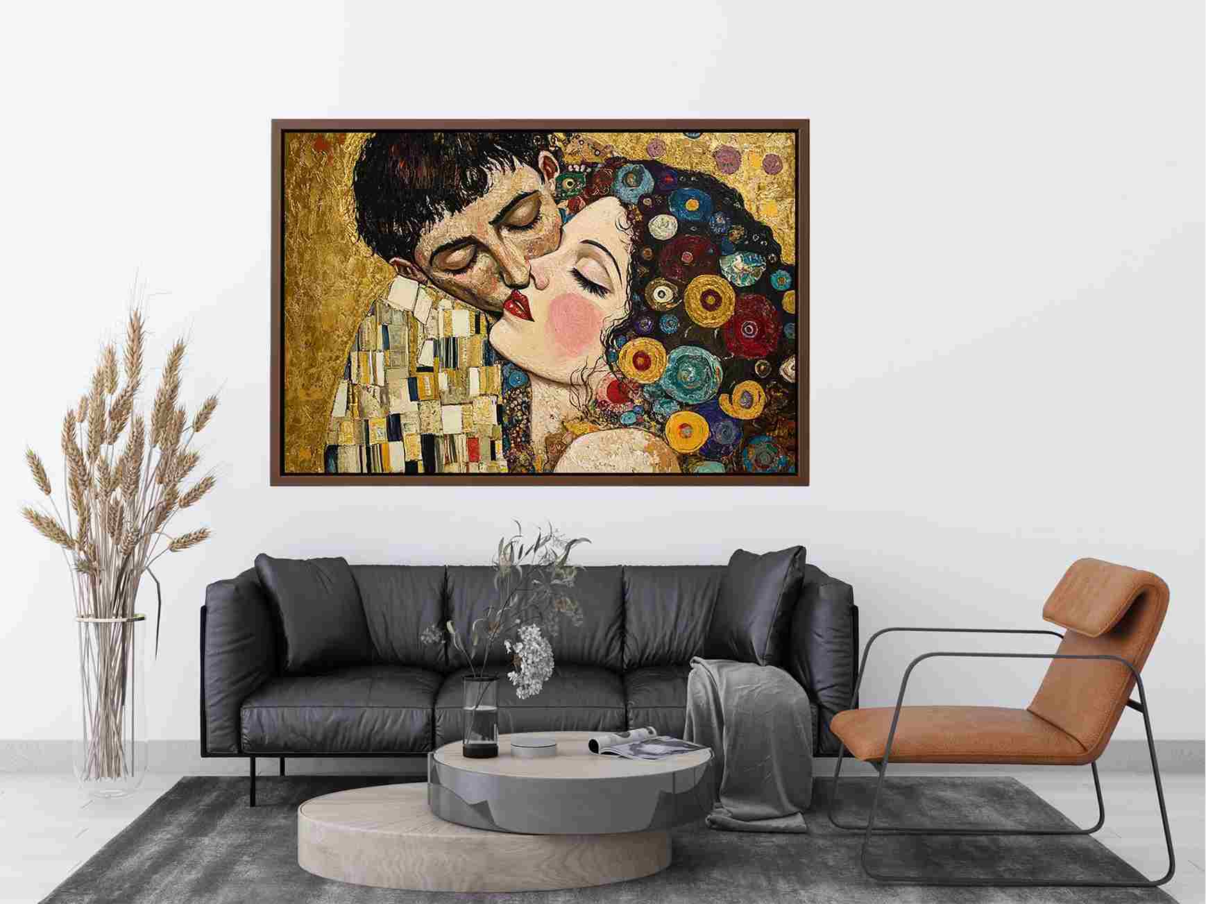 Elegant romantic kiss canvas art with gold and patterned details for bedroom decor.