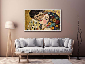 Elegant romantic kiss canvas art with gold and patterned details for bedroom decor.
