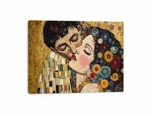 Elegant romantic kiss canvas art with gold and patterned details for bedroom decor.