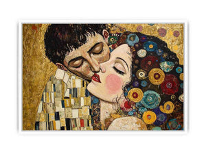 Elegant romantic kiss canvas art with gold and patterned details for bedroom decor.