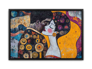 Modern romantic couple canvas art with yellow and patterned details for bedroom decor.