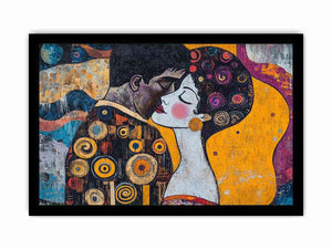 Modern romantic couple canvas art with yellow and patterned details for bedroom decor.