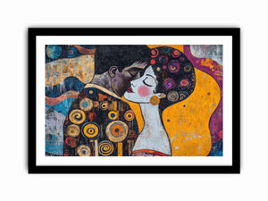 Modern romantic couple canvas art with yellow and patterned details for bedroom decor.