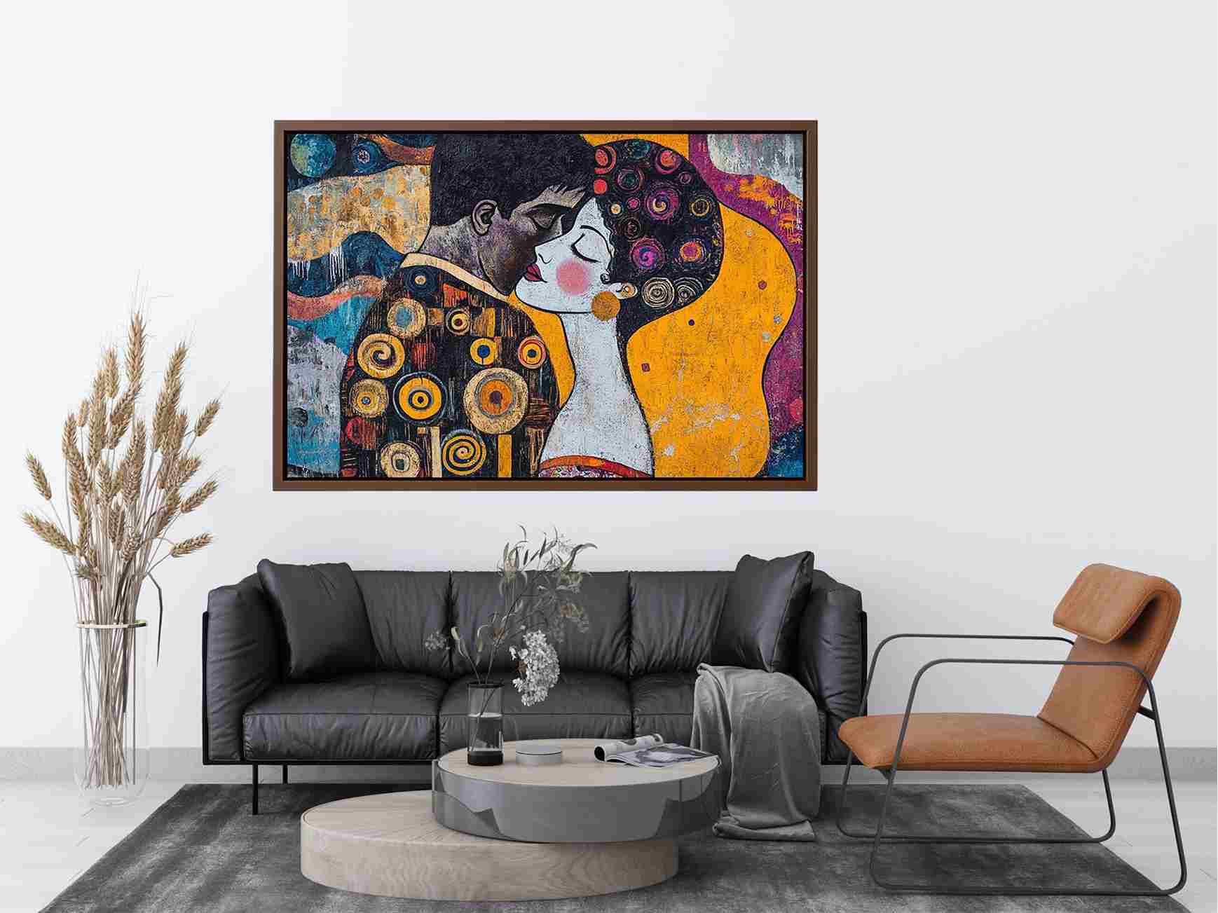 Modern romantic couple canvas art with yellow and patterned details for bedroom decor.