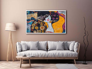 Modern romantic couple canvas art with yellow and patterned details for bedroom decor.