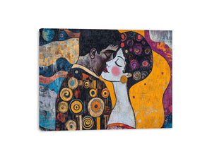 Modern romantic couple canvas art with yellow and patterned details for bedroom decor.
