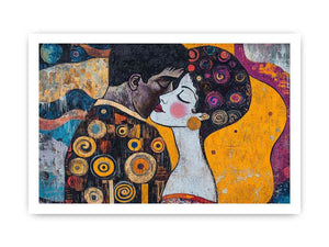 Modern romantic couple canvas art with yellow and patterned details for bedroom decor.